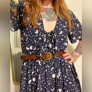 Cosmic Drifters gauzy blue moon & stars dress with tie front